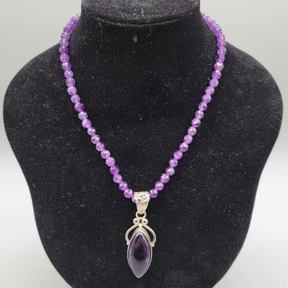 Amethyst Faceted Bead Necklace Sterling Silver Amethyst Pendant - Picture 1 of 8